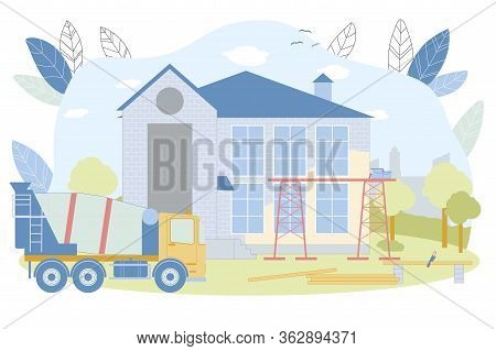 Country House Building Process Vector Illustration. Suburb Residence Construction. Facade Wall Paint