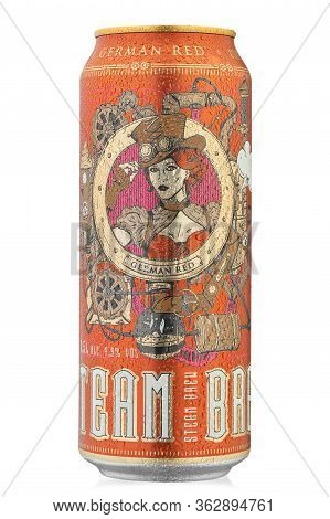 Ukraine, Kyiv - March 21, 2020: Aluminium Cold Can Beer Of Eichbaum Steam Brew German Red Isolated O