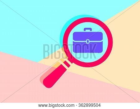 Flat Case Study Icon. Modern Red Magnifying Glass With Flat Purple Portfolio Briefcase Icon On Blue 