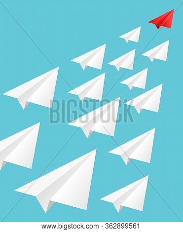 Leading Red Paper Airplane Flies Ahead Of White Planes Aimed At Common Goal.  Influencer, Kol, Key O