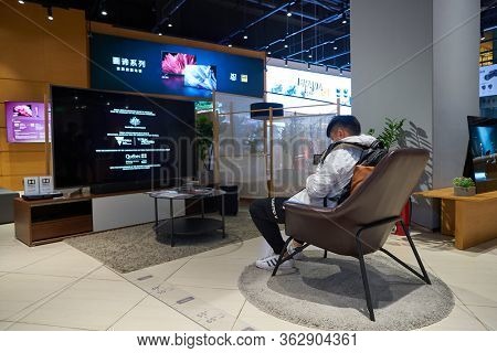 SHENZHEN, CHINA - CIRCA APRIL, 2019: TV on display in Sony Store at UpperHills during Sony Expo 2019.