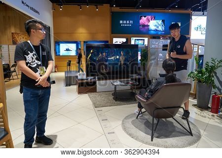 SHENZHEN, CHINA - CIRCA APRIL, 2019: TV on display in Sony Store at UpperHills during Sony Expo 2019.