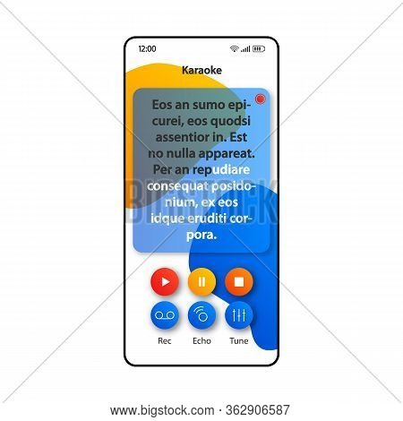 Karaoke Smartphone Interface Vector Template. Mobile App Page Blue And White Design Layout. Song Lyr