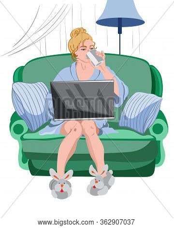 Woman Working From Home On A Laptop. Cozy Environment With Rabbit Slippers And Sofa With Pillows