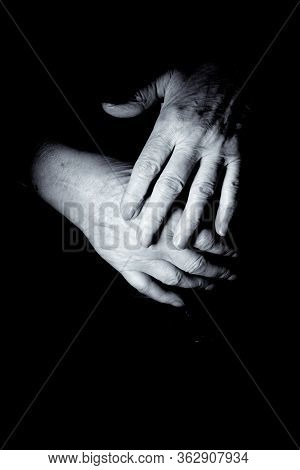 Hands Of Elderly Woman Doing A Selfmassage. Manual Physiotherapy