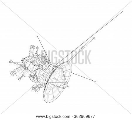 Communication Satellite Concept Outline. Vector Rendering Of 3d. Wire-frame Style. The Layers Of Vis