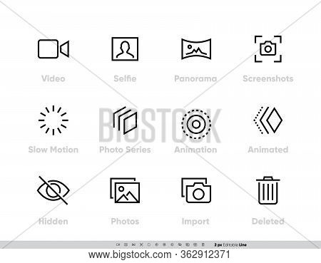 Media Files Vector Icon Set. Camera And Photography Set With Selfie, Panorama, Screenshots, Slow Mot