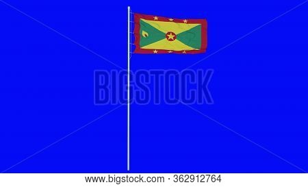 Grenada Flag Waving On Wind On Blue Screen Or Chroma Key Background. 3d Rendering