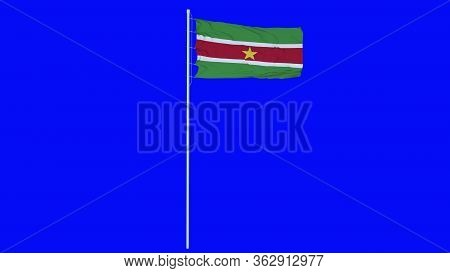 Suriname Flag Waving On Wind On Blue Screen Or Chroma Key Background. 3d Rendering