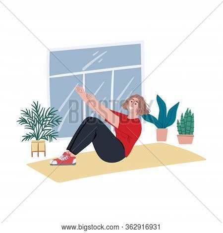 Happy Young Woman Does Sit-ups At Home. Hobby And Activity. Urban Jungle House Plants. Hand Drawn Ca