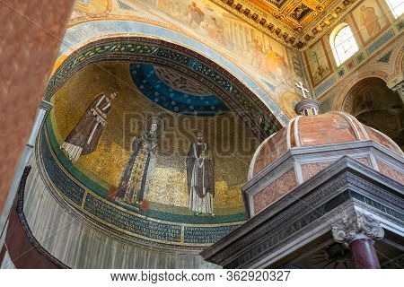 Rome, Italy - August 20, 2017: The Apse Mosaic Of The Santa Agnese Basilica