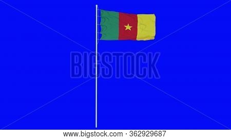 Cameroon Flag Waving On Wind On Blue Screen Or Chroma Key Background. 3d Rendering