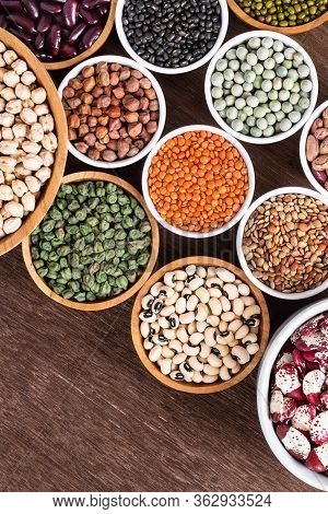 Various Assortment Of Indian Legumes - Beans, Chickpeas, Lentils, Dal Top View. Vegetable Proteins. 