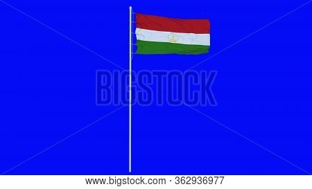 Tajikistan Flag Waving On Wind On Blue Screen Or Chroma Key Background. 3d Rendering