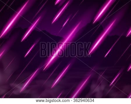 Speed Lines, Neon Light Rain. Moving Fast Shooting Stars, Meteorites On Dark Mountain Background
