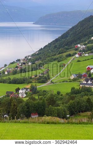 Rural Landscape In Norway - Cloudy Nordfjord View In Utvik.