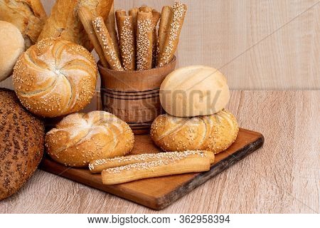Сrisp Bread With Buns. French Baguettes. Fresh Crispbread. Bread Background. Different Breed  On Woo
