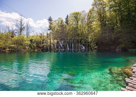 Beautiful Breathtaking Green Water Of Plitvicka Lake In Croatian National Park.