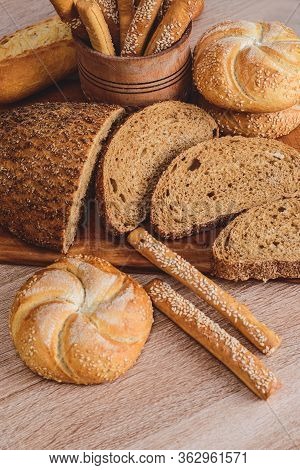 Сrisp Bread With Buns. French Baguettes. Fresh Crispbread. Bread Background. Different Breed  On Woo