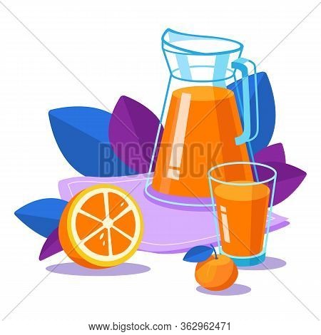 Jug And Glass Of Tasty Orange Juice. Healthy Food. Still Life Food With Fresh Juicy Bright Oranges. 
