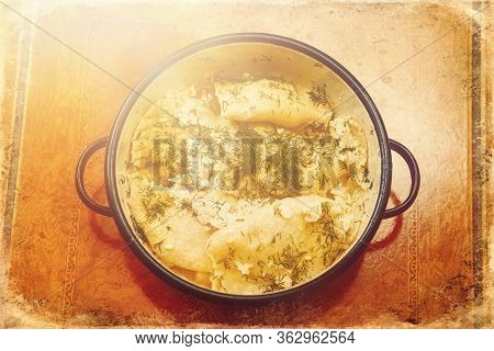 Pies And Dill In A Casserole, Old Photo Effect.