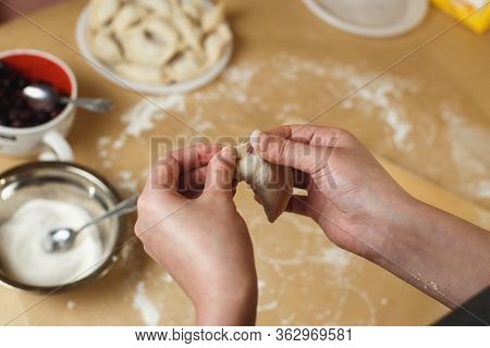 Cooking Homemade Dumplings With Blueberry, Female Hands Sculpting Dumpling Closeup