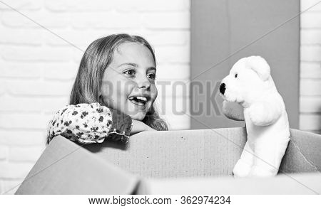 Little Child Open Post Package With Toys. Delivering Happy Moments To Childhood. Insurance Post Pack