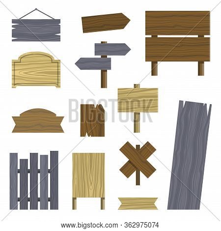 Wooden Different Shapes Signs Boards Set, Vector Elements. Wooden Tablets And Signs. Vector Icons On