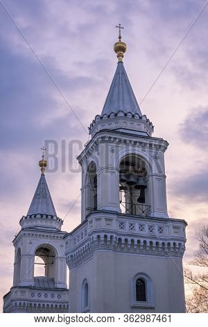 Two Towers Of Moscow Ioanno Predtechensky Monastery In Sunset Light.