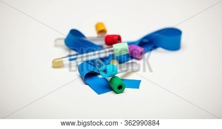 Houston, Tx - April 22, 2020: A Closeup Of An A Variety Of Vacutainer Medical Tubes Laying On Top Of