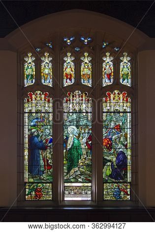 Brookline, Ma, Usa - Sep. 5, 2019: Stained Glass Window In Gasson Hall In Boston College. Boston Col