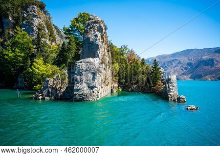 Mountain Lake. Emerald Water Reservoir Behind The Dam Oymapinar. Green Canyon In Manavgat Region, Tu