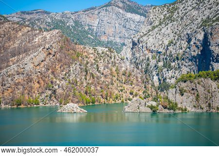 Mountain Lake. Emerald Water Reservoir Behind The Dam Oymapinar. Green Canyon In Manavgat Region, Tu