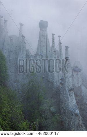 Earth pyramids of Platten (Erdpyramiden - Piramidi di Plata) near Percha and Bruneck,  South Tyrol, Italy