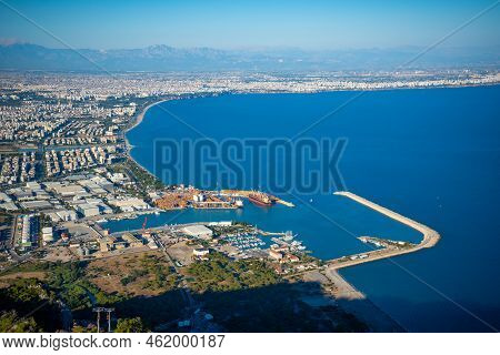 Aerial View Of Beautiful Blue Gulf And Konyaalti Beach In Popular Resort City Antalya, Turkey.