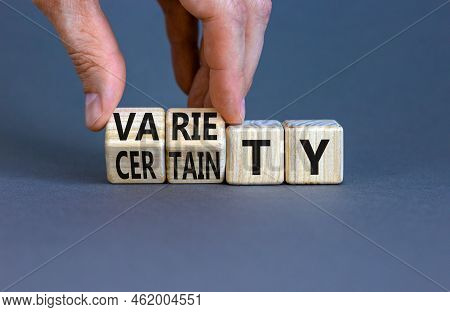 Variety Or Certainty Symbol. Concept Words Variety Or Certainty On Wooden Cubes. Businessman Hand. B