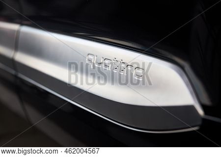 Berlin - August 2022: Audi Q7 S-line Q7 S Line Second Generstion Suv Side Shot Quattro Logo Badge Em