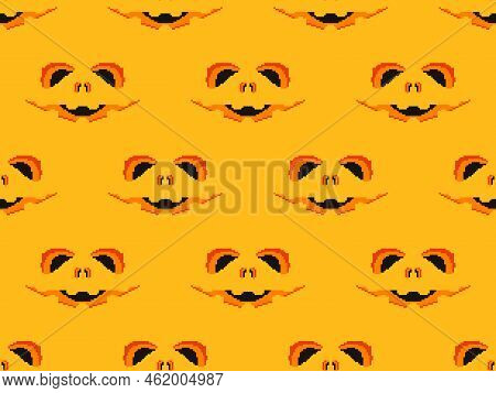 Halloween Scary Face With Glowing Eyes In Pixel Style. Seamless Pattern With Scary Faces Carved On A