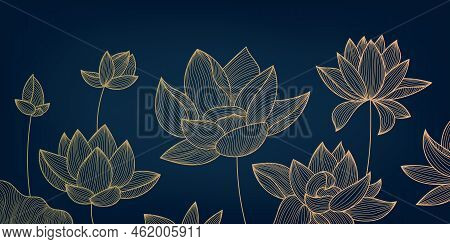 Vector Art Deco Luxury Flower, Lotus Line Pattern, Golden Background. Hand Drawn Peonies For Packagi