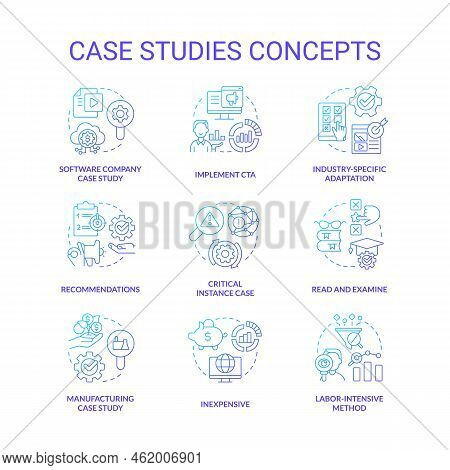Case Studies Blue Gradient Concept Icons Set. Examination Of Important Events. Researching Process I