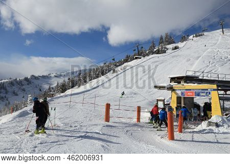 Bad Hofgastein, Austria - March 9, 2016: People Ride A Ski Lift In Bad Hofgastein. It Is Part Of Ski