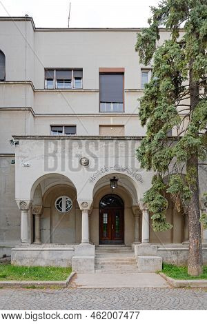 Beli Potok, Serbia - April 13, 2020: Entrance To Old Hotel Avala Building At Of Mountain Near Capita