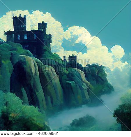 Old Castle On The Edge Of A Cliff. Old Medieval Castle On A Green Rocky Cliff. Digital Illustration.