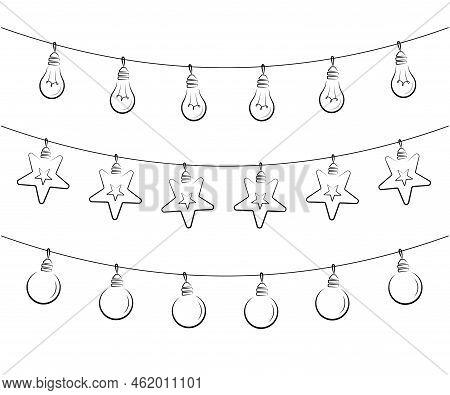 Set Of Fairy Lights, Pennants, Ball Garland, Black Line Isolated Vector Decoration, String Of Outdoo