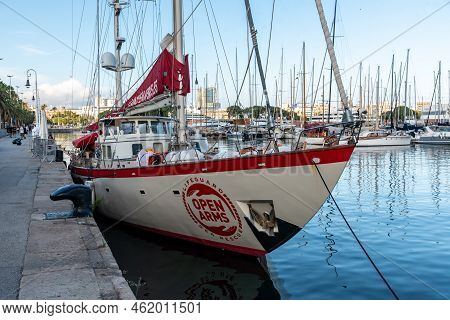 Barcelona, Spain - September 11, 2022: Sailing Ship Astral Of The Open Arms Maritime Rescue Ngo Moor