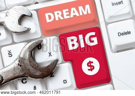 Conceptual Caption Dream Big. Word Written On To Think Of Something High Value That You Want To Achi
