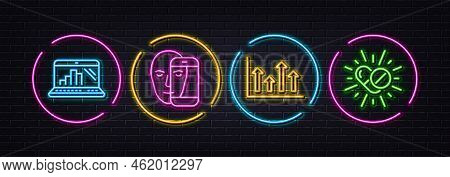 Face Biometrics, Graph Laptop And Upper Arrows Minimal Line Icons. Neon Laser 3d Lights. Medical Dru