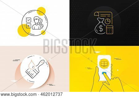 Minimal Set Of Brush, Opinion And Accounting Line Icons. Phone Screen, Quote Banners. Video Conferen