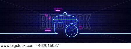 Neon Light Glow Effect. Boiling Pan Line Icon. Cooking Timer Sign. Food Preparation Symbol. 3d Line 