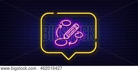 Neon Light Speech Bubble. Keywords Line Icon. Pencil Symbol. Marketing Strategy Sign. Neon Light Bac